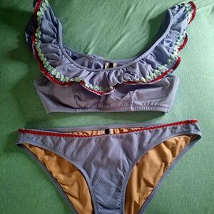 J. Crew Light Blue Ruffled Bikini with Red Trim